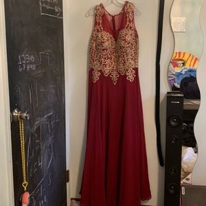 Red and gold floor length dress
